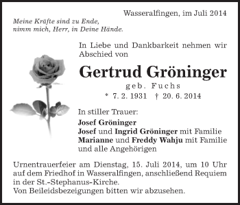 Traueranzeige von Gertrud Gröninger von Schwäbische Post