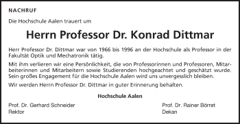 Traueranzeige von Konrad Dittmar von Schwäbische Post