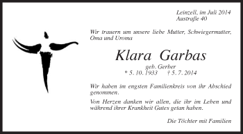 Traueranzeige von Klara Garbas von Gmünder Tagespost