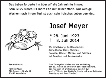 Traueranzeige von Josef Meyer von Schwäbische Post
