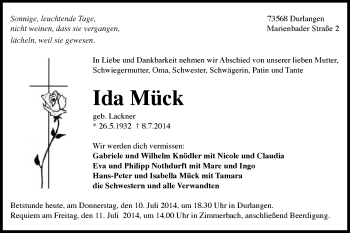Traueranzeige von Ida Mück von Gmünder Tagespost
