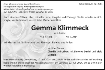 Traueranzeige von Gemma Klimmeck von Schwäbische Post