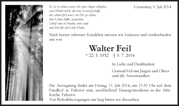 Traueranzeige von Walter Feil von Gmünder Tagespost
