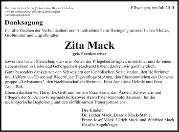Traueranzeige von Zita Mack von Schwäbische Post