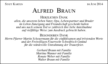 Traueranzeige von Alfred Braun von Gmünder Tagespost