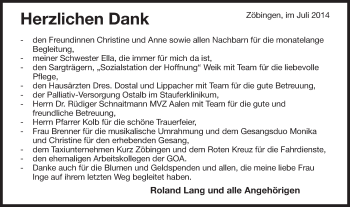 Traueranzeige von Inge Lang von Schwäbische Post