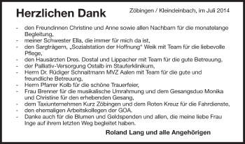 Traueranzeige von Inge Lang von Gmünder Tagespost