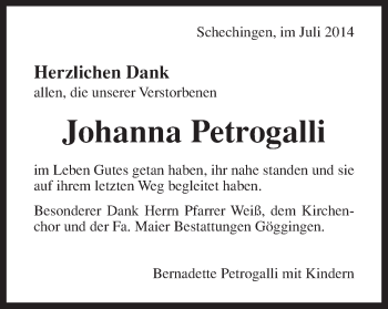 Traueranzeige von Johanna Petrogalli von Gmünder Tagespost