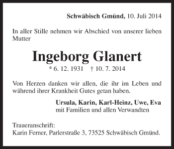 Traueranzeige von Ingeborg Glanert von Gmünder Tagespost