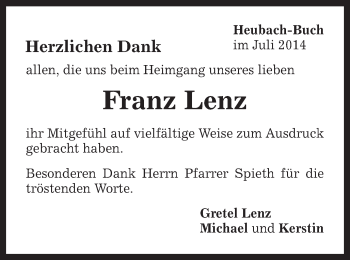 Traueranzeige von Franz Lenz von Gmünder Tagespost