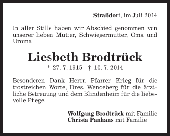 Traueranzeige von Liesbeth Brodtrück von Gmünder Tagespost