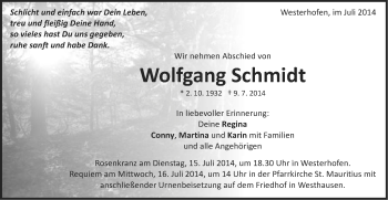 Traueranzeige von Wolfgang Schmidt von Schwäbische Post
