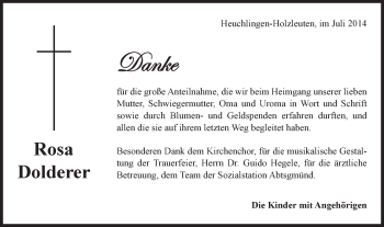 Traueranzeige von Rosa Dolderer von Gmünder Tagespost