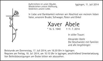 Traueranzeige von Xaver Abele von Gmünder Tagespost