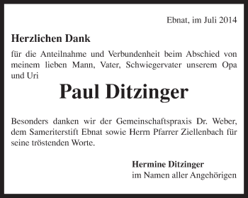 Traueranzeige von Paul Ditzinger von Schwäbische Post
