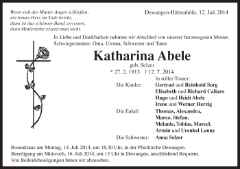 Traueranzeige von Katharina Abele von Schwäbische Post
