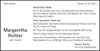 Traueranzeige von Margaretha Richter von Schwäbische Post