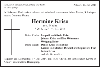 Traueranzeige von Hermine Kriso von Gmünder Tagespost
