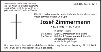 Traueranzeige von Josef Zimmermann von Schwäbische Post