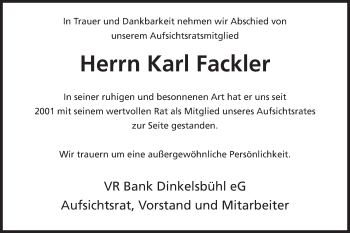 Traueranzeige von Karl Fackler von Schwäbische Post