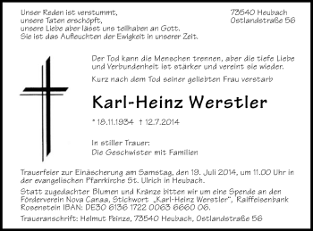 Traueranzeige von Karl-Heinz Werstler von Gmünder Tagespost