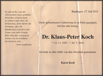 Traueranzeige von Klaus-Peter Koch von Schwäbische Post