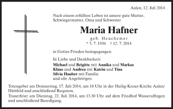Traueranzeige von Maria Hafner von Schwäbische Post