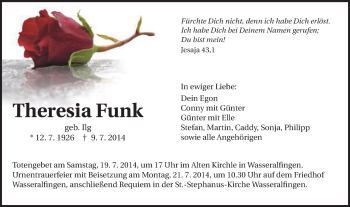 Traueranzeige von Theresia Funk von Schwäbische Post