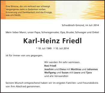 Traueranzeige von Karl-Heinz Friedl von Gmünder Tagespost