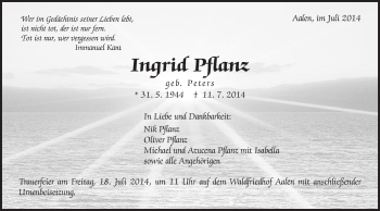 Traueranzeige von Ingrid Pflanz von Schwäbische Post