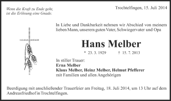 Traueranzeige von Hans Melber von Schwäbische Post