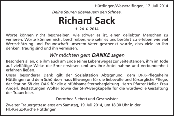 Traueranzeige von Richard Sack von Schwäbische Post