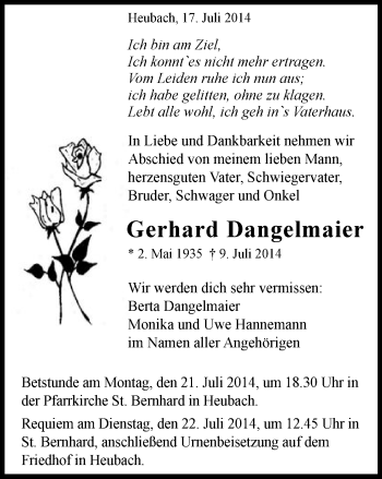Traueranzeige von Gerhard Dangelmaier von Gmünder Tagespost