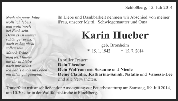 Traueranzeige von Karin Hueber von Schwäbische Post