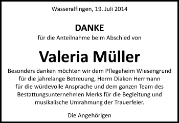 Traueranzeige von Valerie Müller von Schwäbische Post