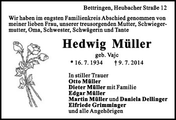 Traueranzeige von Hedwig Müller von Gmünder Tagespost
