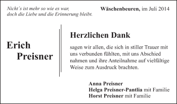 Traueranzeige von Erich Preisner von Gmünder Tagespost