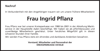 Traueranzeige von Ingrid Pflanz von Schwäbische Post
