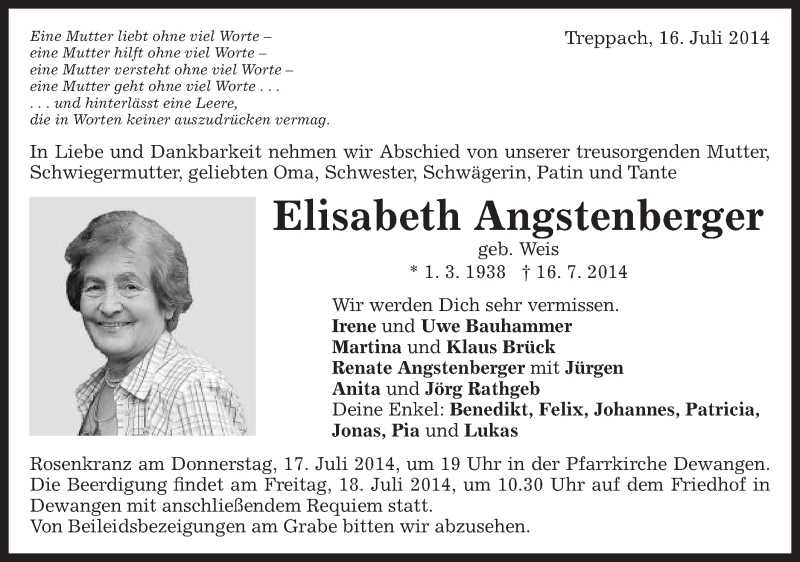  Traueranzeige für Elisabeth Angstenberger vom 17.07.2014 aus Schwäbische Post