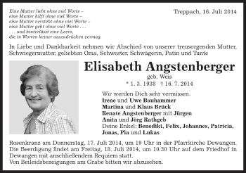 Traueranzeige von Elisabeth Angstenberger von Schwäbische Post