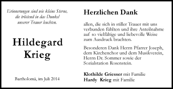 Traueranzeige von Hildegard Krieg von Gmünder Tagespost