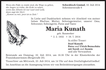 Traueranzeige von Maria Kunath von Gmünder Tagespost