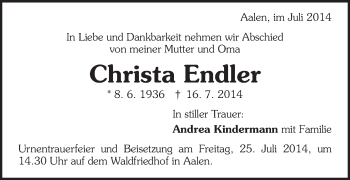 Traueranzeige von Christa Endler von Schwäbische Post
