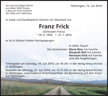 Traueranzeige von Franz Frick von Schwäbische Post
