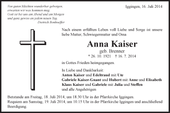 Traueranzeige von Anna Kaiser von Gmünder Tagespost
