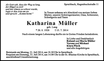 Traueranzeige von Katharina Müller von Gmünder Tagespost