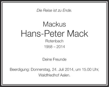 Traueranzeige von Hans-Peter Mack von Schwäbische Post