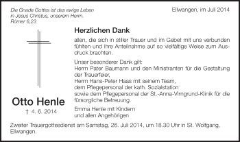 Traueranzeige von Otto Henle von Schwäbische Post
