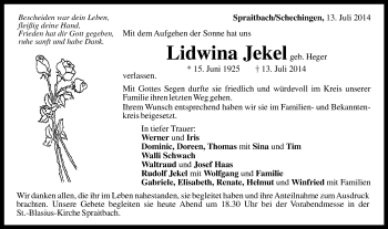 Traueranzeige von Lidwina Jekel von Gmünder Tagespost