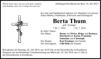Traueranzeige von Berta Thum von Schwäbische Post